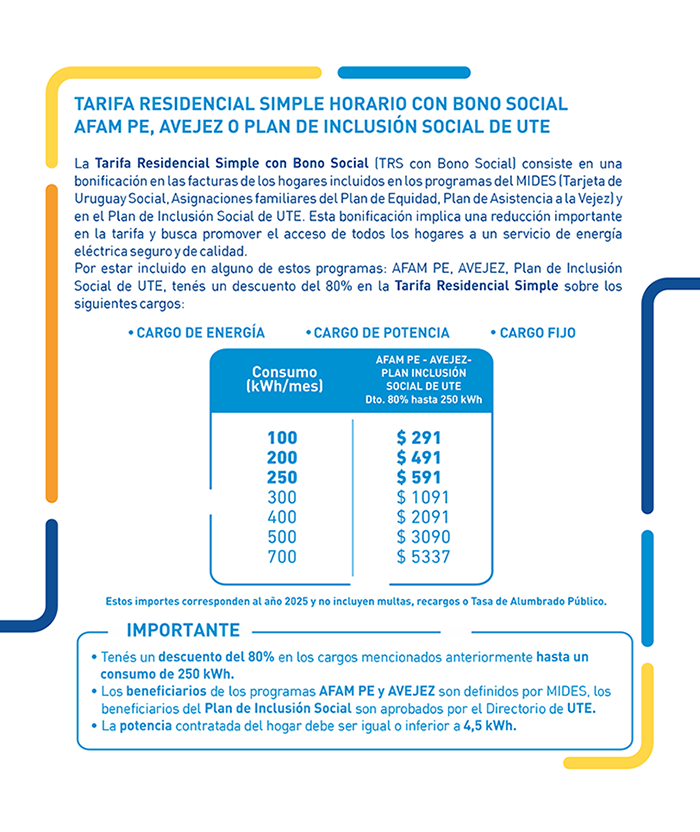 Interior Folleto Tarifa Residencial Simple con Bono Social Afam Pe, Avejez o Plan de Inclusión Social de UTE 2025