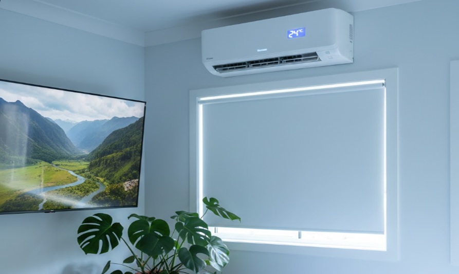 Dormitorio moderno con aire acondicionado split en la pared mostrando 24°C, sobre una ventana con cortina roller cerrada. A la izquierda, un televisor en la pared y una planta debajo. La habitación tiene un ambiente fresco y sereno.