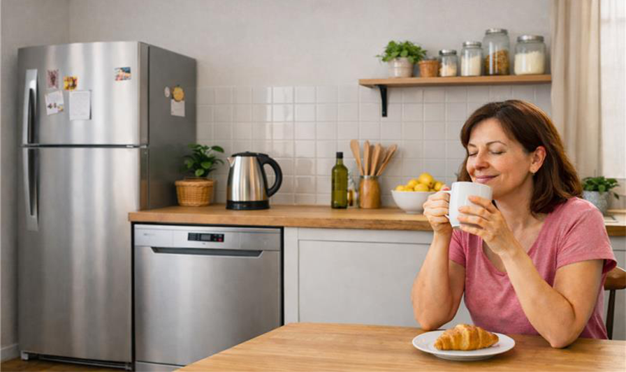 Imagen de mujer disfrutando sus electrodomésticos en la cocina