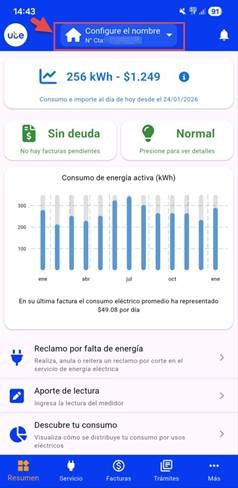 imagen de la pantalla principal de la App UTE Clientes, donde se señala donde se encuentra el selector de cuentas