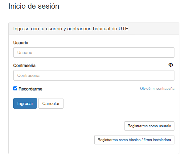 Pantalla de registro de usuario UTE