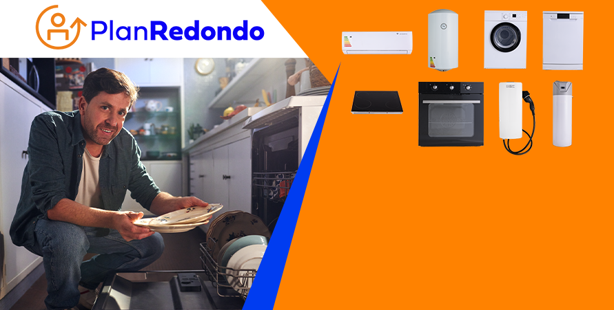 Imagen del Plan Redondo de UTE. En primer plano, se muestran electrodomésticos eficientes sobre fondo naranja. En la parte superior, el logo del Plan Redondo.