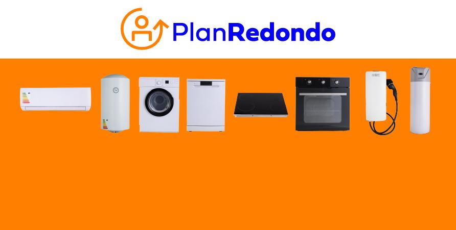Imagen del Plan Redondo de UTE. En primer plano, se muestran electrodomésticos eficientes sobre fondo naranja. En la parte superior, el logo del Plan Redondo.