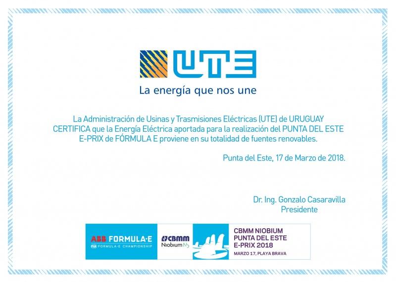 UTE entregó el certificado que acredita que la prueba se abasteció con energía 100% renovable