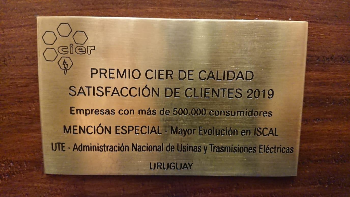 Placa de mención especial, PREMIO CIER DE CALIDAD SATISFACCIÓN DE CLIENTES 2019